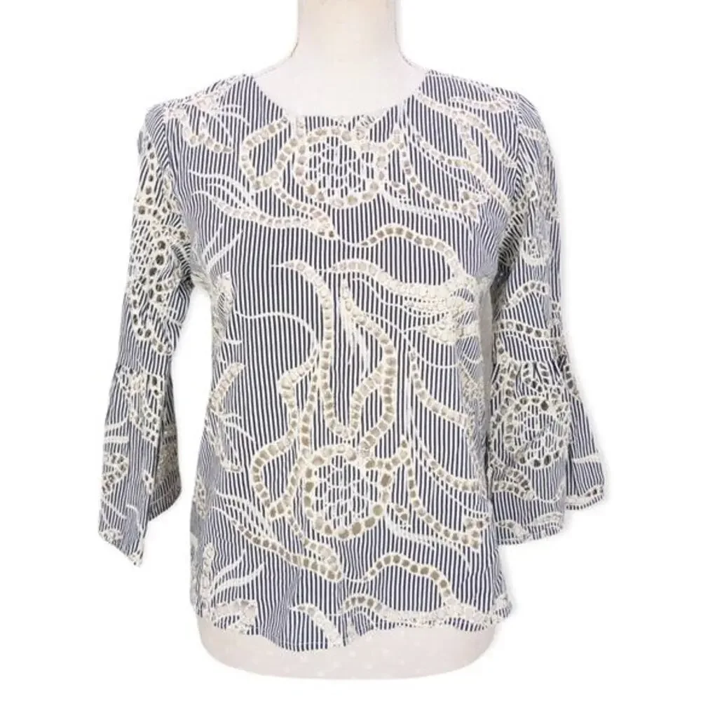 Anthropologie Matison Stone Eyelet Lace Top Size XS Blue Stripe Bell Sleeve‎